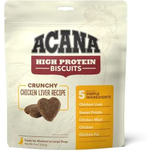 Acana High-Protein Biscuits Grain-Free Chicken Liver Recipe Med/Large Breed Dog Treats, 9-oz bag