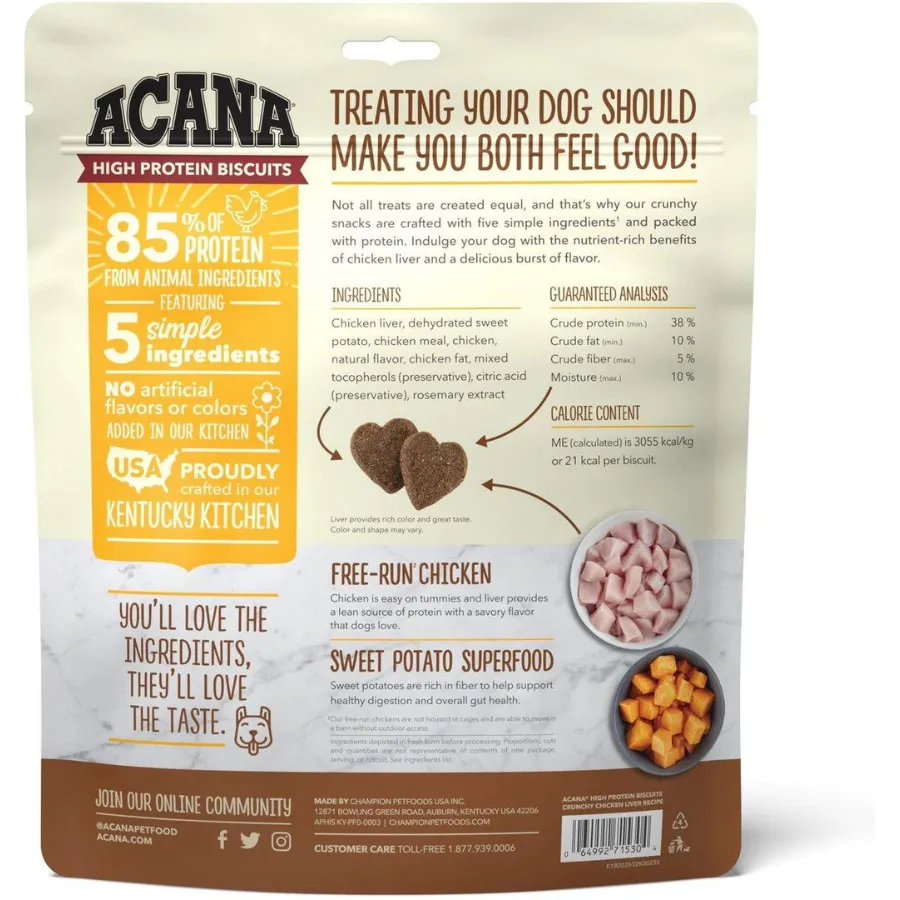 Acana High-Protein Biscuits Grain-Free Chicken Liver Recipe Med/Large Breed Dog Treats, 9-oz bag