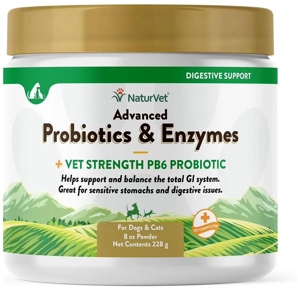 NaturVet Advanced Probiotic & Enzymes Powder with Vet Strength PB6 Probiotic for Dogs & Cats